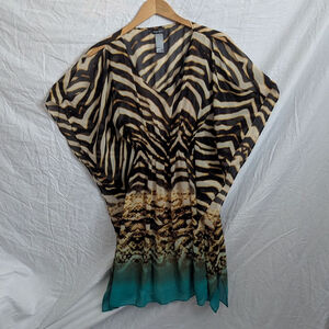 Bisou Bisou Animal Print‎ Teal Kimono Dress Slip Liner Cover Up Women's Sz 6 EUC